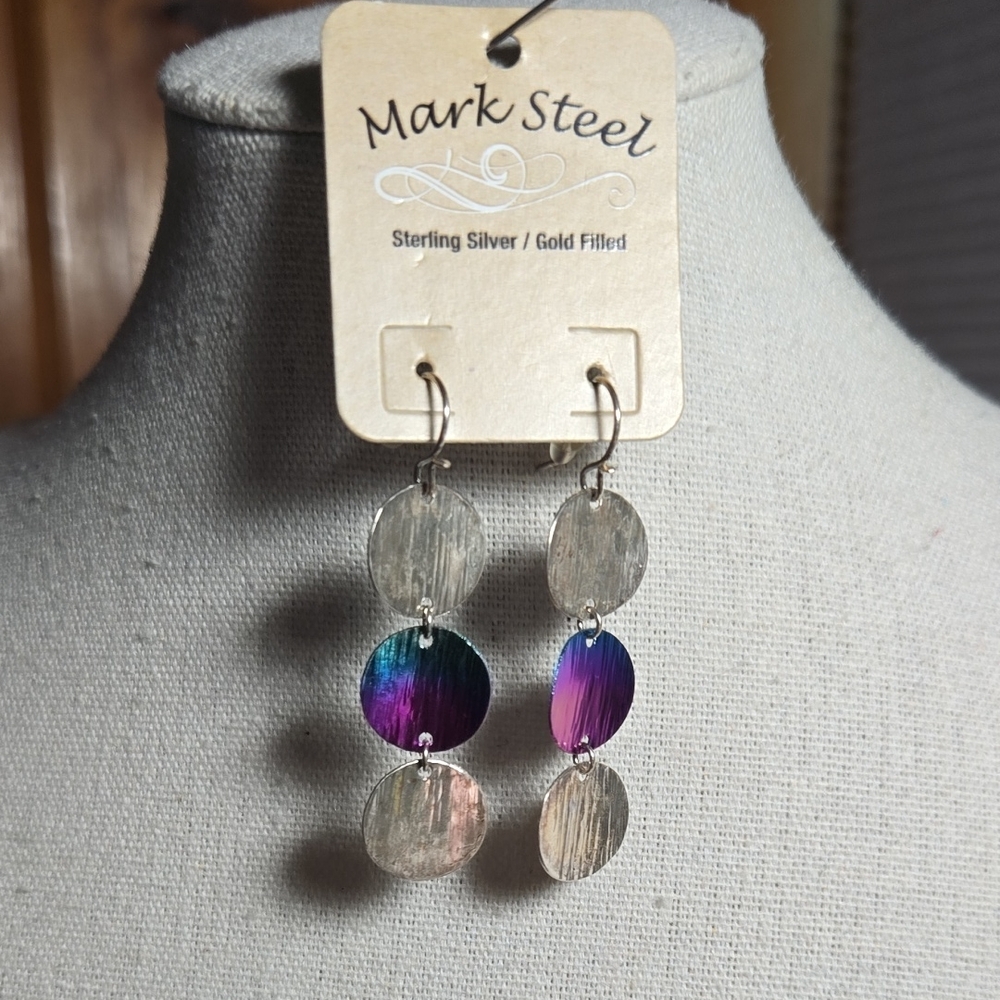 Mark Steel Sterling Silver Three Disc Dangler Earrings New On Card
